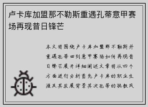 卢卡库加盟那不勒斯重遇孔蒂意甲赛场再现昔日锋芒